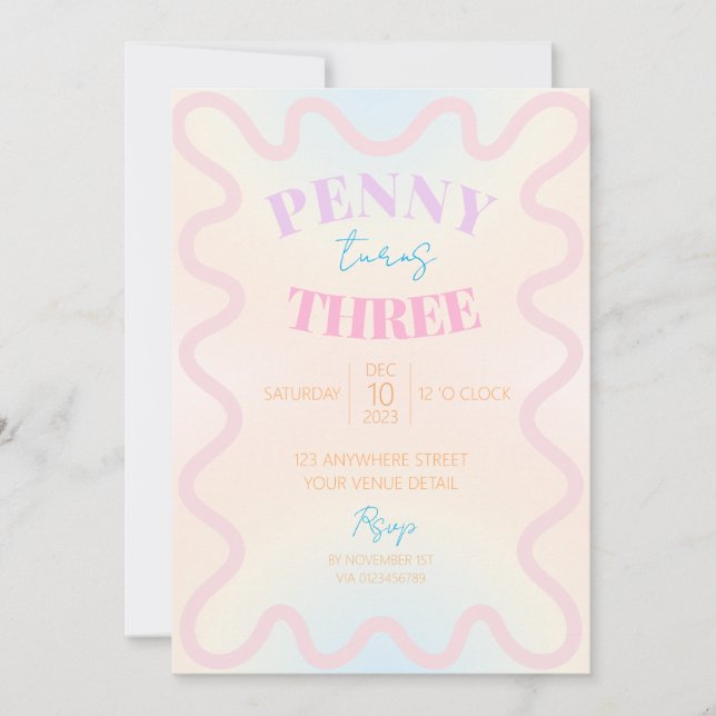 Retro Wavy Kids Girls Birthday Party Invitation  (Front)