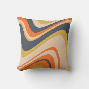 Retro Wavy Lines - Orange, Navy, Yellow, Beige Cushion