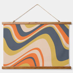 Retro Wavy Lines - Orange, Navy, Yellow, Beige Hanging Tapestry
