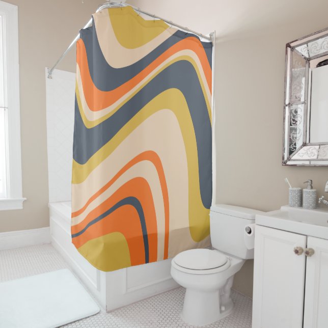 Retro Wavy Lines - Orange, Navy, Yellow, Beige Shower Curtain (In Situ)