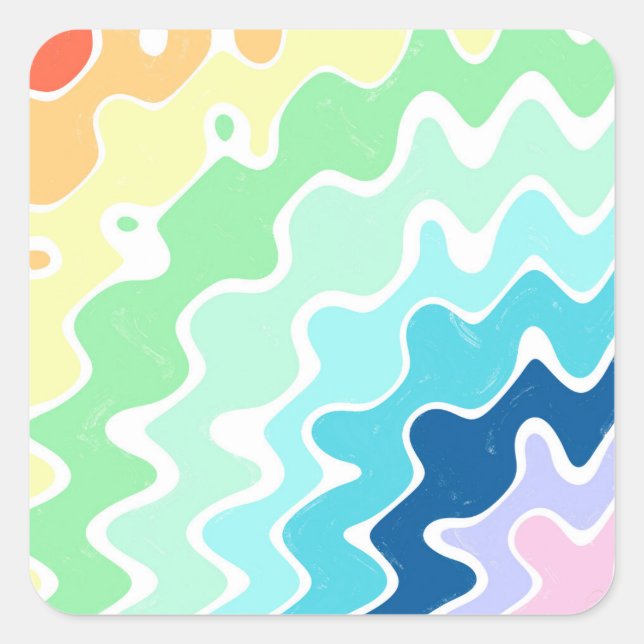 Retro Wavy Lines Pastel Rainbow Colours Pattern Square Sticker (Front)