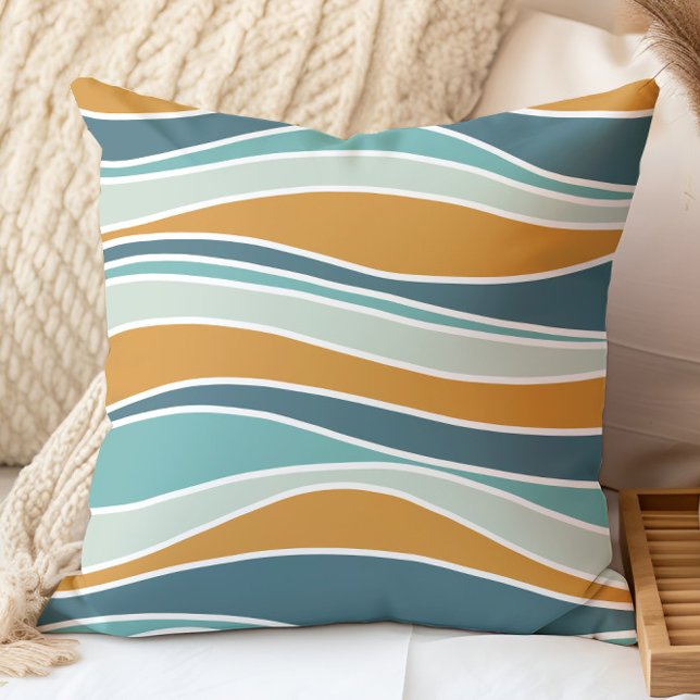 Retro Wavy Lines Pattern Orange, Teal, Aqua Cushion (Creator Uploaded)