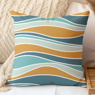 Retro Wavy Lines Pattern Orange, Teal, Aqua Cushion