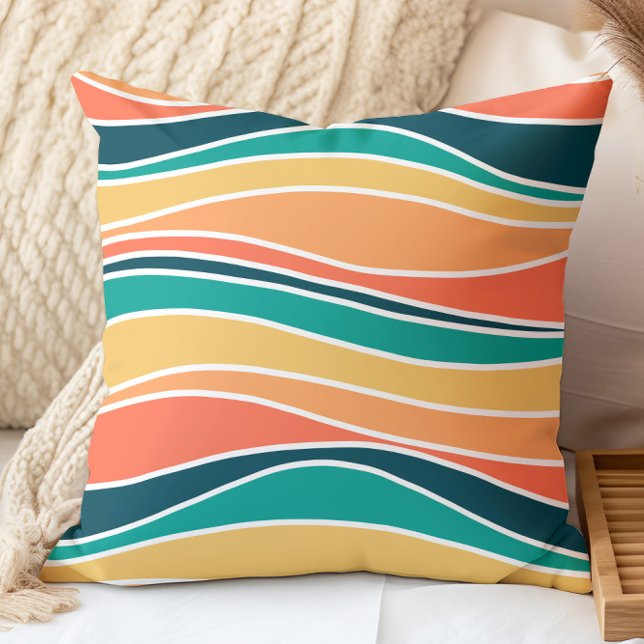 Retro Wavy Lines Pattern Teal, Orange, Yellow Cushion (Creator Uploaded)
