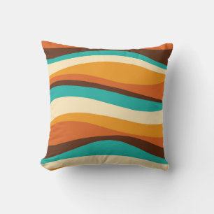 Retro Wavy Lines Teal, Orange, Chocolate Cushion
