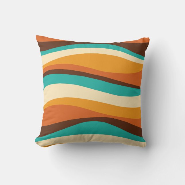 Retro Wavy Lines Teal, Orange, Chocolate Cushion (Front)