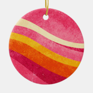 Retro Wavy Lines – Vintage Colour Background Ceramic Tree Decoration