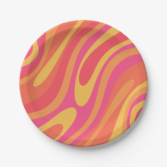 Retro Wavy Loops Trippy Colorful Abstract Pattern Paper Plate (Front)