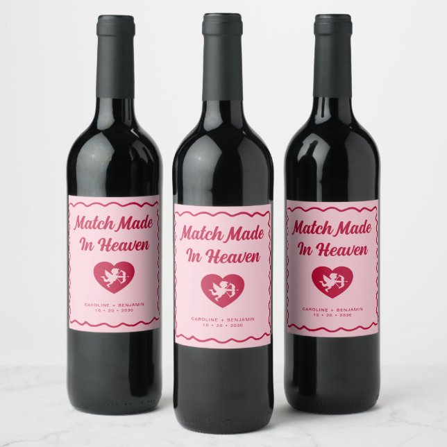 Retro Wavy Match Made In Heaven Cupid Wedding Wine Label (Bottles)