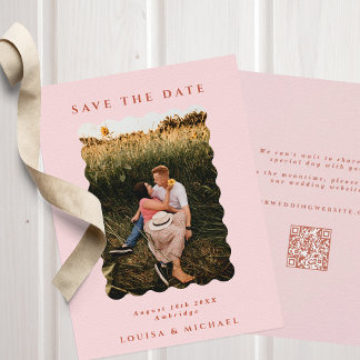 Retro Wavy Photo & QR Code Blush Wedding Save The Date