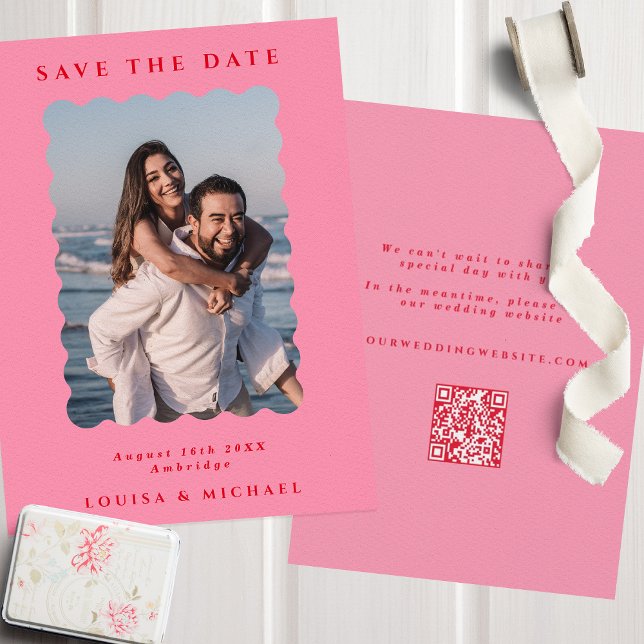 Retro Wavy Photo & QR Code Pink & Red Wedding Save The Date (Creator Uploaded)