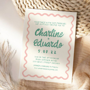 Retro Wavy Pink and Green Handwriting Wedding Invitation