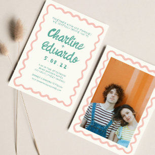Retro Wavy Pink and Green Handwriting Wedding Invitation