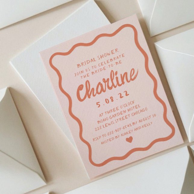 Retro Wavy Pink and Red Handwriting Bridal Shower  Invitation (Creator Uploaded)