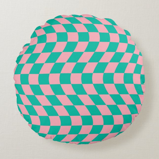 Retro Wavy Pink Green Checks Warped Chequered    Round Cushion (Front)