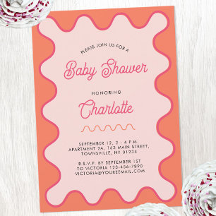 Retro Wavy Pink Orange Curve Baby Shower Invitation