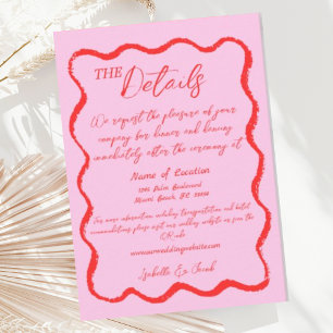 Retro Wavy Pink & Red Handwritten Wedding Details Enclosure Card