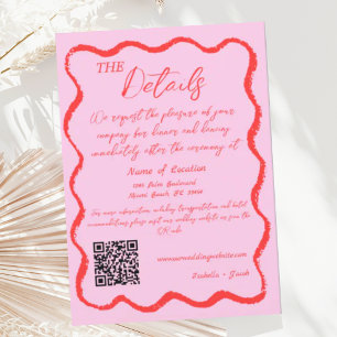 Retro Wavy Pink & Red Handwritten Wedding Details Invitation