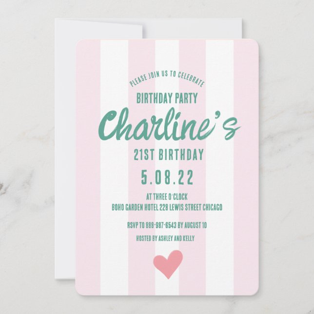 Retro Wavy Pink Striped Handwriting 21St Birthday Invitation (Front)