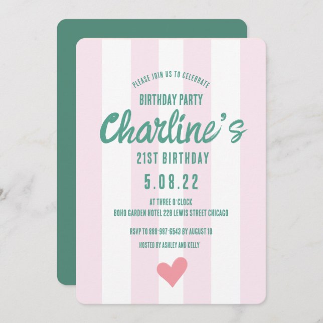 Retro Wavy Pink Striped Handwriting 21St Birthday Invitation (Creator Uploaded)