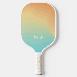 Retro Wavy Rainbow Modern Monogram Pickleball Paddle