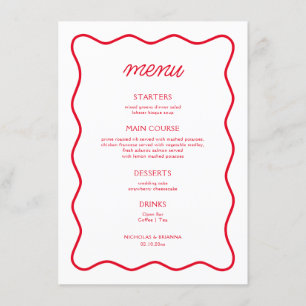 Retro Wavy Red and White Valentine Wedding Menu