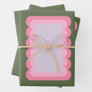 Retro Wavy Shape Green And Pink Wrapping Paper Sheet