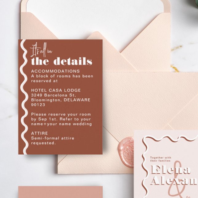 Retro Wavy Squiggly Terracotta Wedding Details  Enclosure Card (Creator Uploaded)