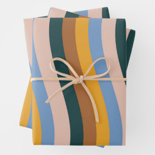 Retro Wavy Stripes Fall Blue Mustard Brown Unique Wrapping Paper Sheet