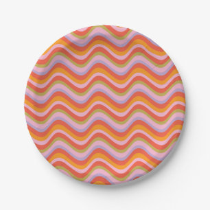 Retro Wavy Stripes in Orange, Pink, and Green Paper Plate