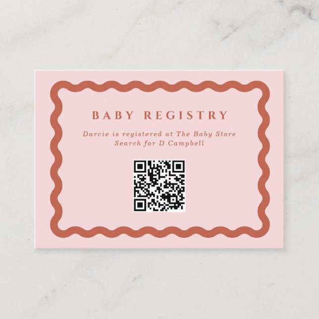 Retro Wavy Terracotta Frame Baby Registry QR Code Enclosure Card (Front)
