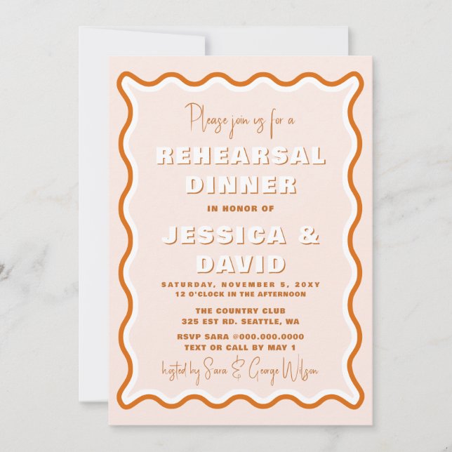 Retro Wavy Terracotta Photo Rehearsal Dinner Invitation (Front)