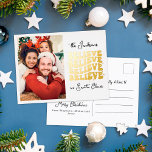 Retro we believe in Santa Christmas family photo Foil Holiday Postcard<br><div class="desc">Send this retro Christmas postcard to share happiness,  love,  a dash of festive cheer,  and a cheery vintage vibe with your loved ones. Add one of your favourite family photos to personalise it and capture the beauty of the season.</div>