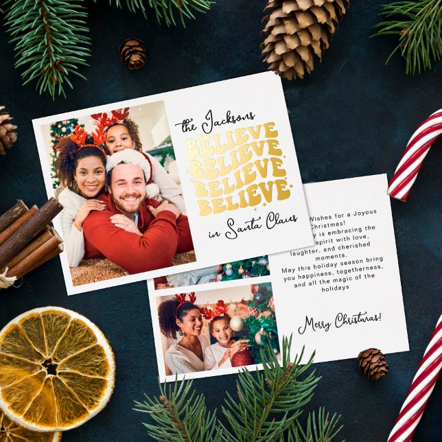 Retro we believe in Santa Claus Christmas family Foil Holiday Card (Creator Uploaded)