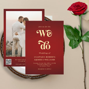 Retro We Do Crimson Red Gold QR Code Wedding Invitation