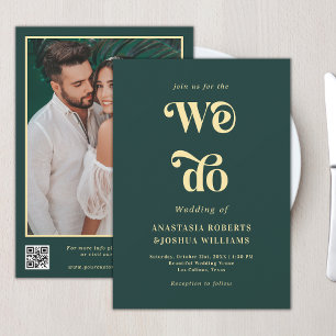 Retro We Do Emerald Green & Gold QR Code Wedding Invitation