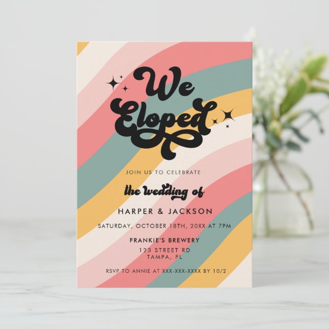 Retro We Eloped Colourful Wedding  Invitation (Standing Front)