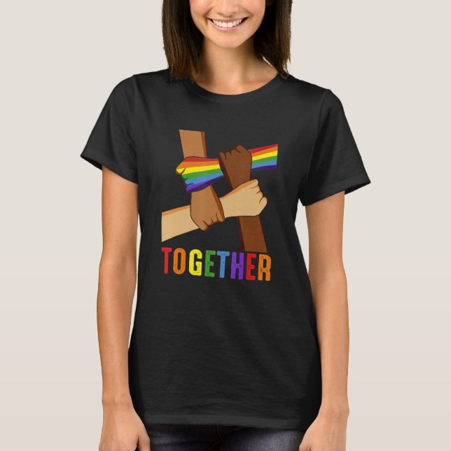 Retro We Rise Together Hand Fist Rainbow LGBT Prid T-Shirt (Front)