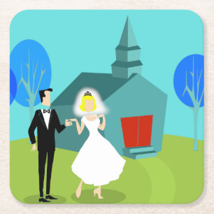 Retro Wedding Couple Paper Coasters