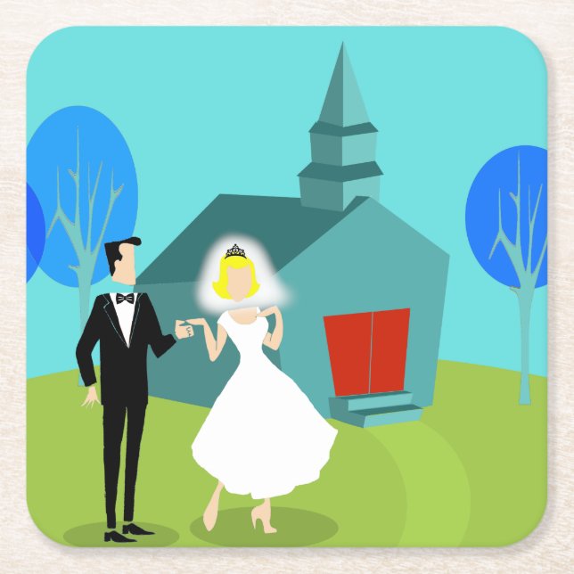 Retro Wedding Couple Paper Coasters (Front)