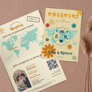 Retro Wedding Destination Passport Map QR Code Invitation