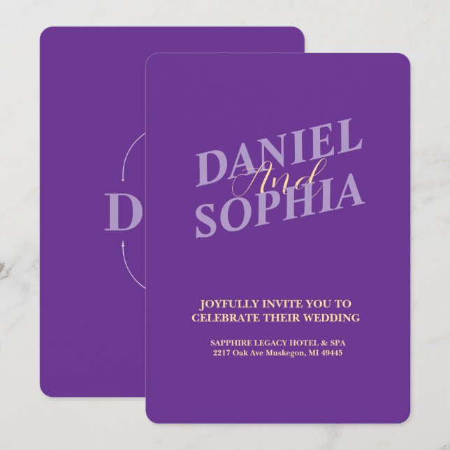Retro wedding invitation card purple (Front/Back)