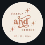 Retro Wedding, Terracotta Boho Classic Round Sticker<br><div class="desc">This is a retro themed wedding sticker. Edit most* wording and colours on this retro wedding sticker to make it fit your event theme personal style! (the word "and" is not editable, but you can change the colours of it!) // For matching designs, search BIRDIE in the Sincerely By Nicole...</div>