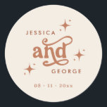 Retro Wedding, Terracotta Boho Classic Round Sticker<br><div class="desc">This is a retro themed wedding sticker. Edit most* wording and colours on this retro wedding sticker to make it fit your event theme personal style! (the word "and" is not editable, but you can change the colours of it!) // For matching designs, search BIRDIE in the Sincerely By Nicole...</div>