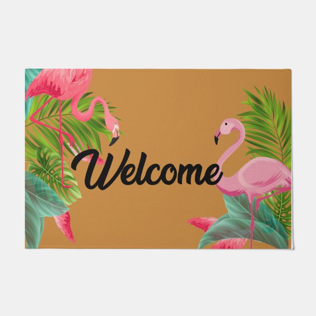 Retro Welcome Tropical Flamingos Doormat (Front)