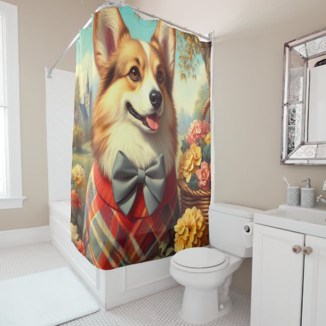 Retro Welsh Corgi Cardigan Painting Shower Curtain (In Situ)