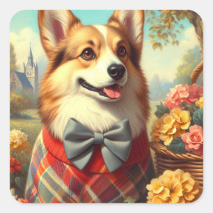 Retro Welsh Corgi Cardigan Painting Square Sticker