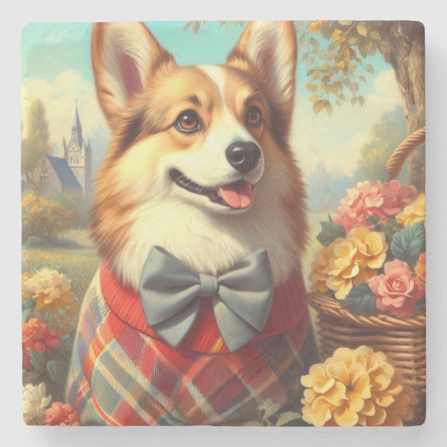 Retro Welsh Corgi Cardigan Painting Stone Coaster (Front)