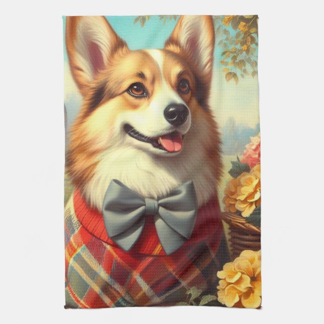 Retro Welsh Corgi Cardigan Painting Tea Towel (Vertical)