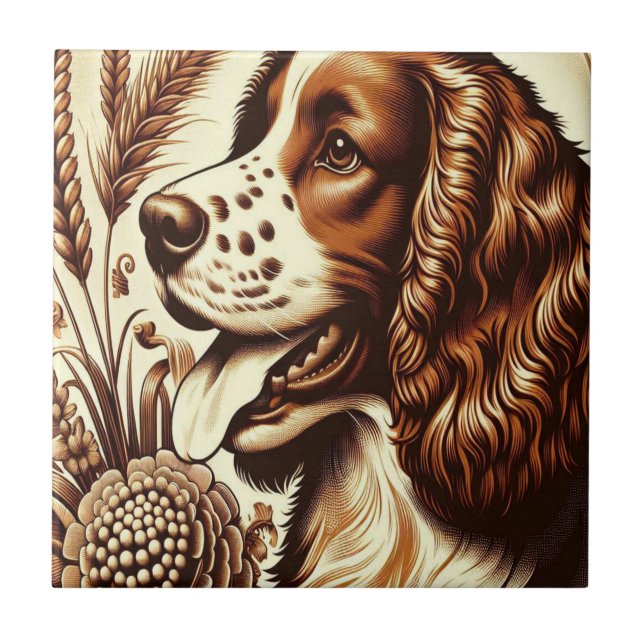 Retro Welsh Springer Spaniel Brown White Art Tile (Front)